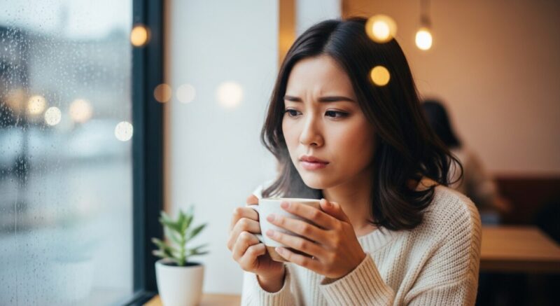 カフェの窓際で考え込む日本人女性。手元に温かい飲み物を置き、少し複雑な表情を浮かべている。