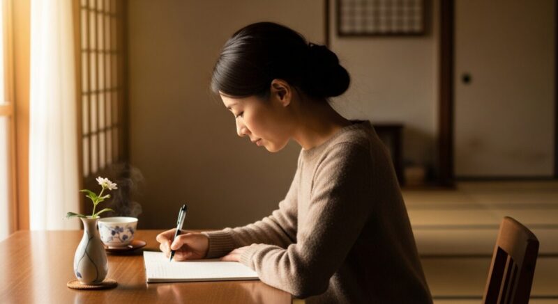 静かな部屋でノートに気持ちを書き出している女性。温かい照明に包まれた落ち着いた空間。