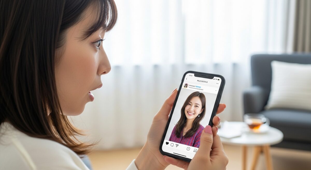 SNSの画面に映る美人な新しい彼女を見て、目を見開き驚く女性。
