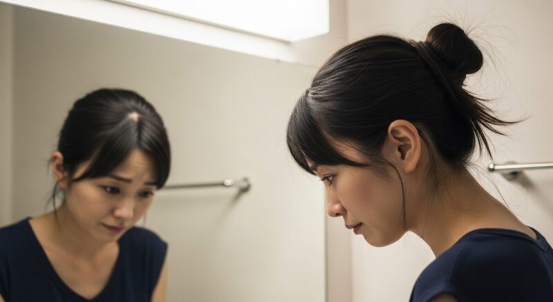 鏡の前で自分を見つめ、ため息をつく女性。比較や自己嫌悪を表現。