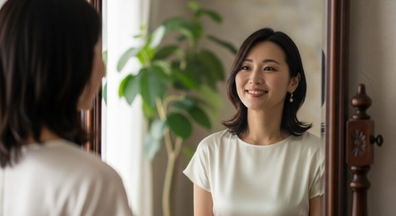 鏡の前で穏やかな笑顔を見せる女性。自己肯定感の回復を象徴。