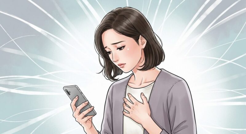 スマホ画面を見つめ、胸を押さえて切なそうに俯く20代後半の日本人女性。背景は淡いブルーとグレーを基調とした抽象的な光の模様。繊細で落ち着いた画風。
