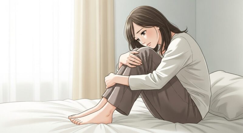 ベッドの上で膝を抱え、孤独と混乱の中で俯く女性。柔らかい光が差し込み、切ない雰囲気。