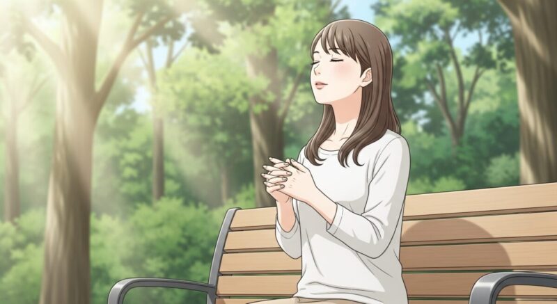 公園のベンチで深呼吸しながら穏やかな表情を見せる女性。新しい生活を感じさせる光景。