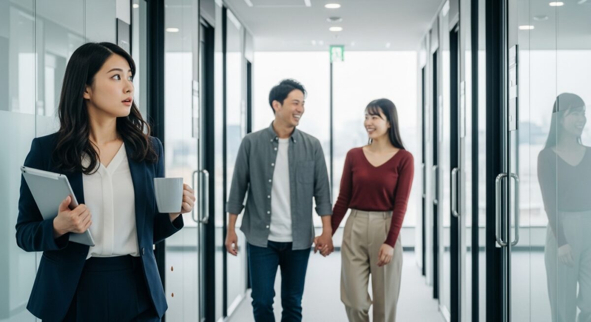 職場で元彼と新しい彼女を見てしまい、机に手を置いて切なげに目を伏せる20代後半の日本人女性。背景は柔らかな色調のオフィス風景。