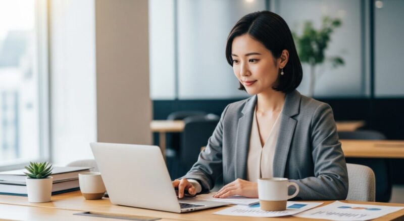 デスクで仕事に集中し、自信を取り戻した表情を見せる女性。