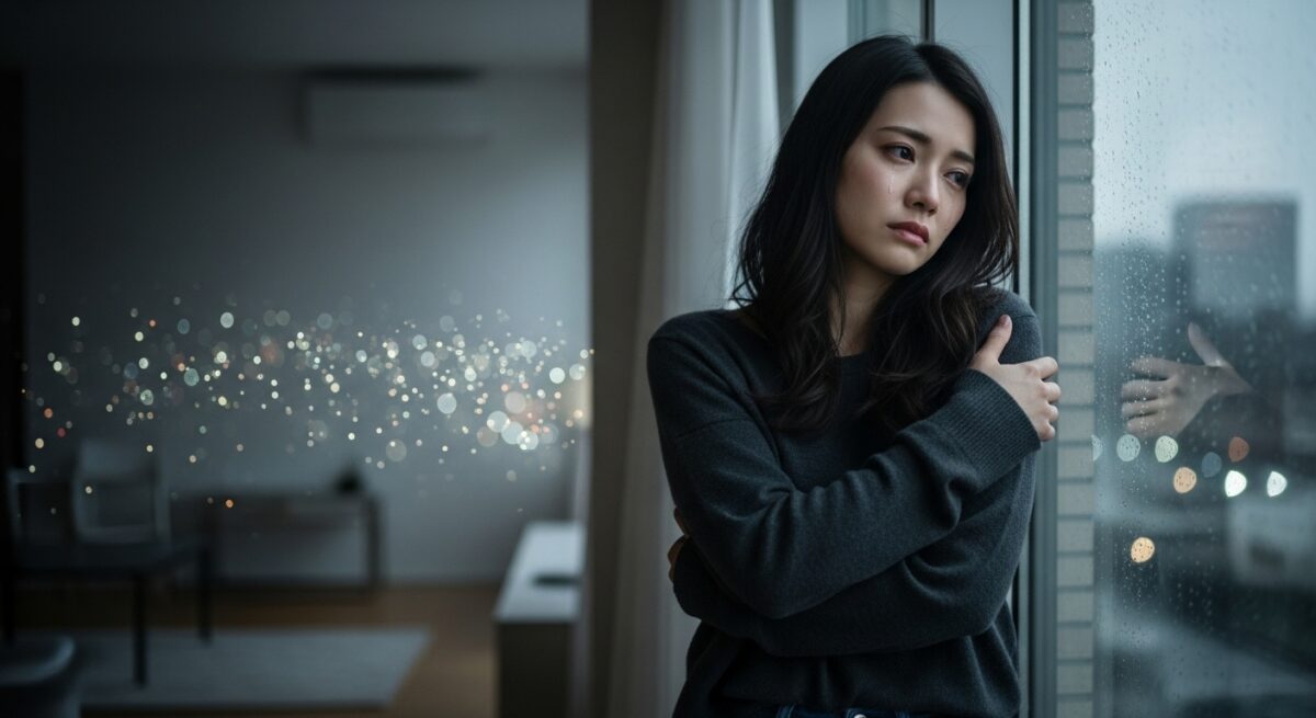 窓辺で元彼を思い出しながら切なげに佇む20代後半の日本人女性