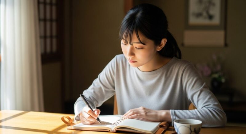 ノートに自分の気持ちを整理しようと書き出している女性