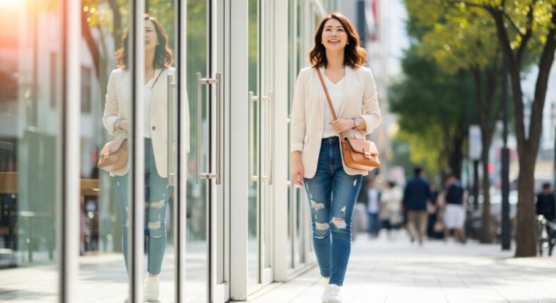 前向きに外へ歩き出す日本人女性の姿