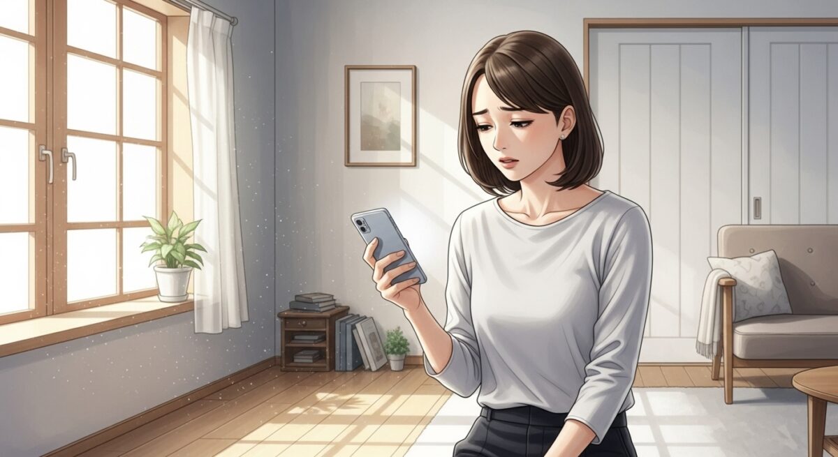 スマホを見つめ、不安そうにため息をつく20代後半の日本人女性。窓辺の柔らかな光に包まれ、感情の揺れを表す落ち着いたタッチのイラスト。