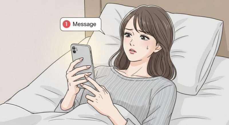 何度もLINEを送信してしまい、不安げに画面を見つめる女性のイラスト。