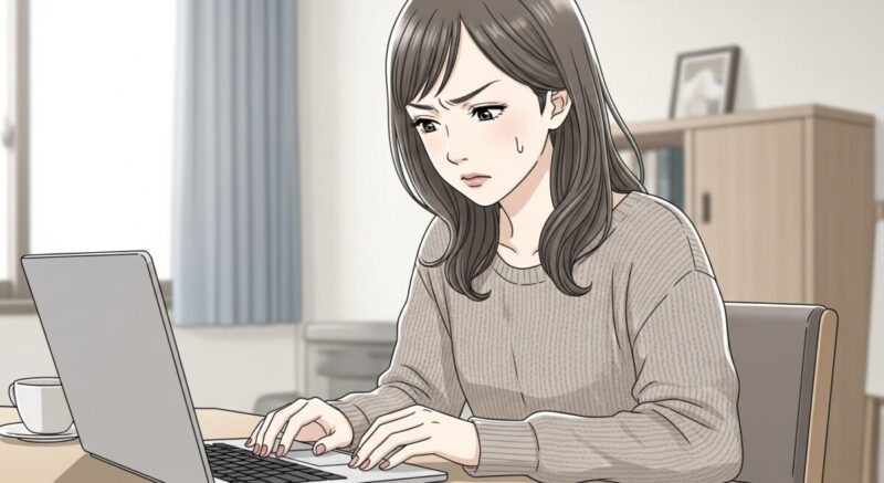 SNSに未練を匂わせる投稿をして後悔する女性のイラスト。