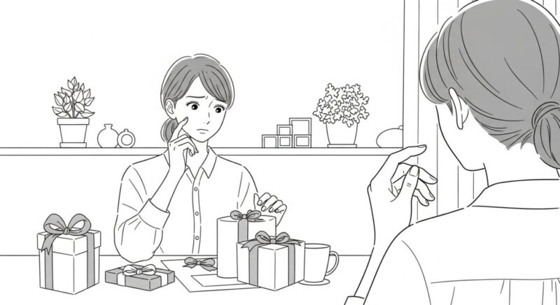 プレゼントを渡そうと悩みながらも、自分磨きに切り替える決意をする女性のイラスト。