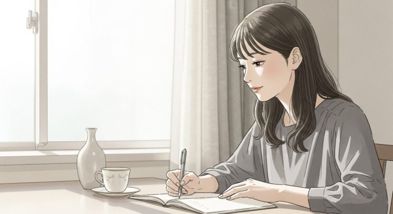 窓辺でノートを書きながら、自分を見つめ直す時間を過ごす女性のイラスト。