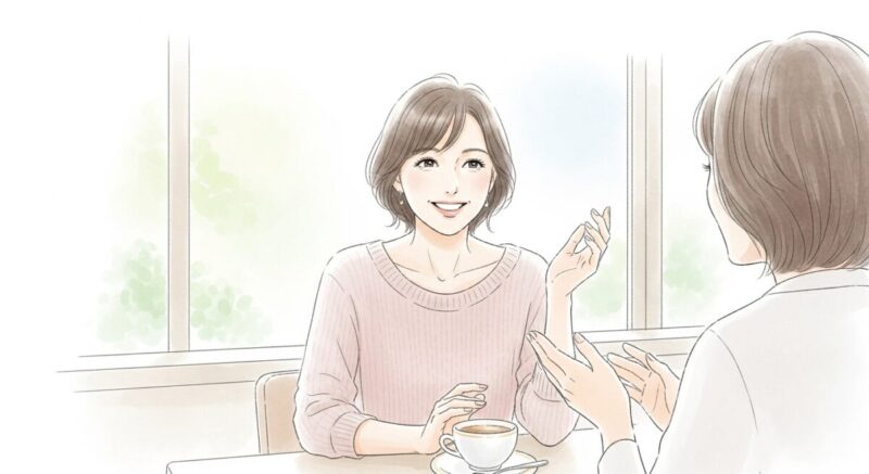 カフェで友人に打ち明けながら笑顔を取り戻していく女性のイラスト。