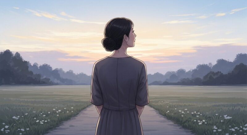 静かに前を見据え、希望を胸に歩み出す女性の後ろ姿のイラスト。