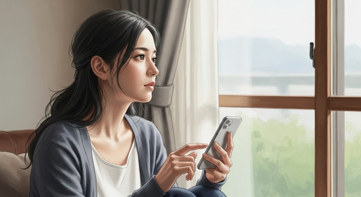 窓辺に座る日本人女性がスマホを手にしながら物思いにふける姿。繊細で落ち着いた画風で、冷却期間とSNSを通じた再接触をイメージさせる雰囲気。
