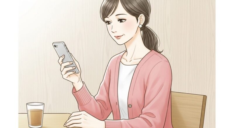 カフェのテーブルに座り、スマホでSNSを操作する日本人女性。自然体で投稿している姿。