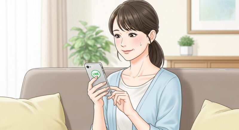 日本人女性がスマホでLINEを打ち込みながら小さく微笑む姿。緊張と希望が混じる瞬間を描写。