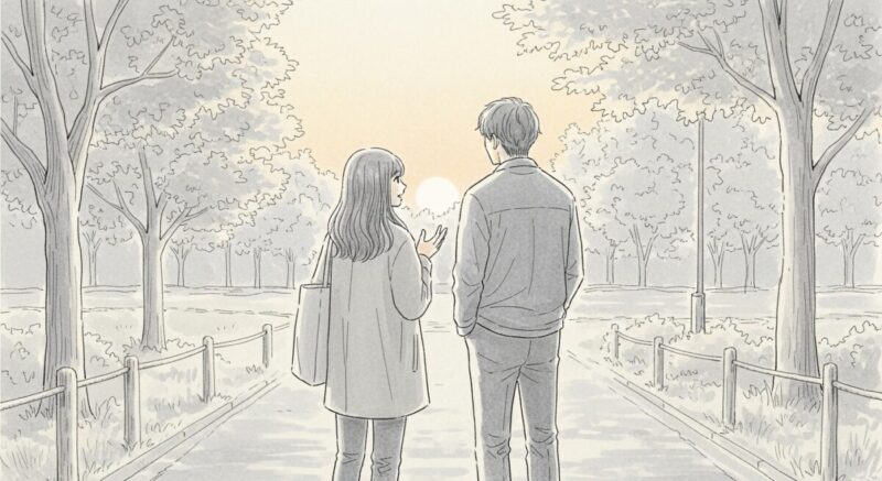 公園の小道で偶然出会い、軽く会話を交わす男女の姿を後ろから描いたイラスト。