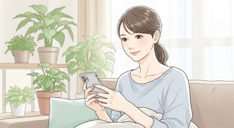 リビングでリラックスしながらメッセージを送る日本人女性。