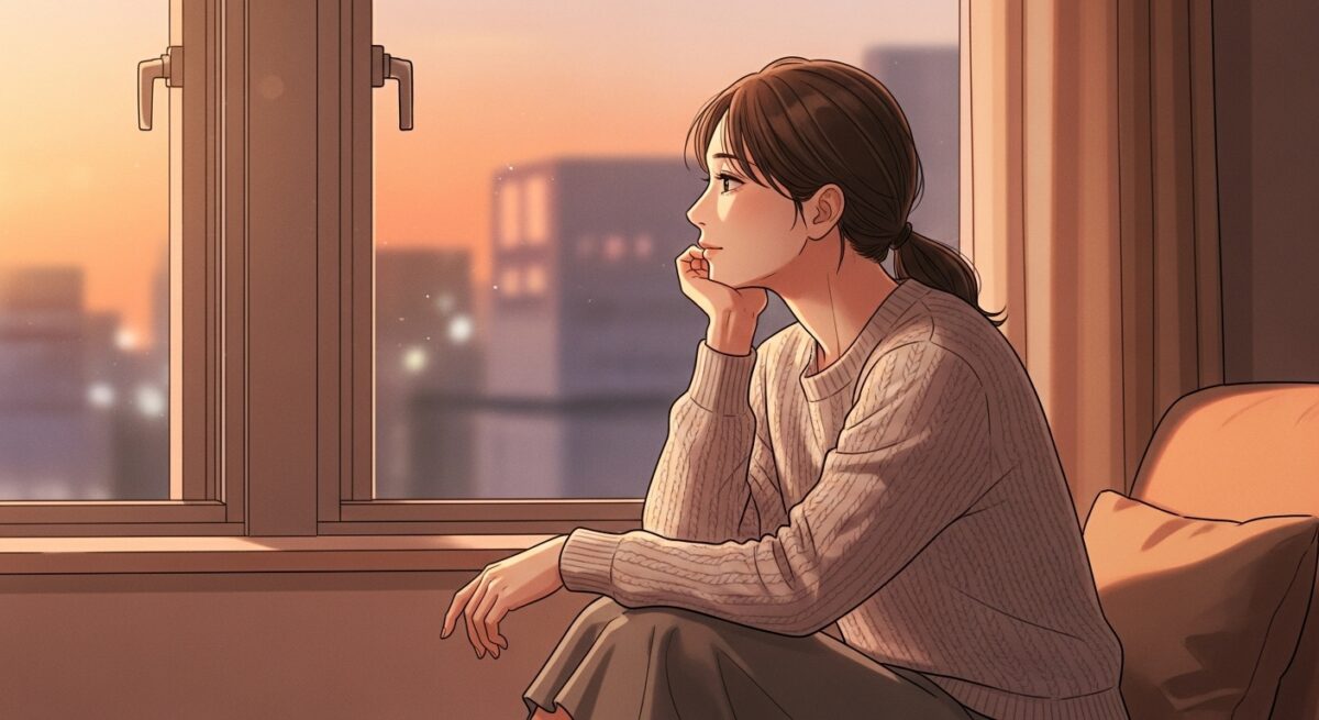 夕暮れの窓辺で静かに物思いにふける大人の日本人女性のイラスト