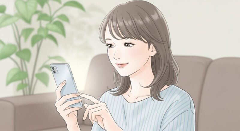 スマートフォンを見つめ、優しい笑みを浮かべる女性のイラスト