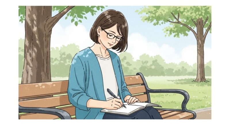 公園のベンチでノートに何かを書き込む女性のイラスト
