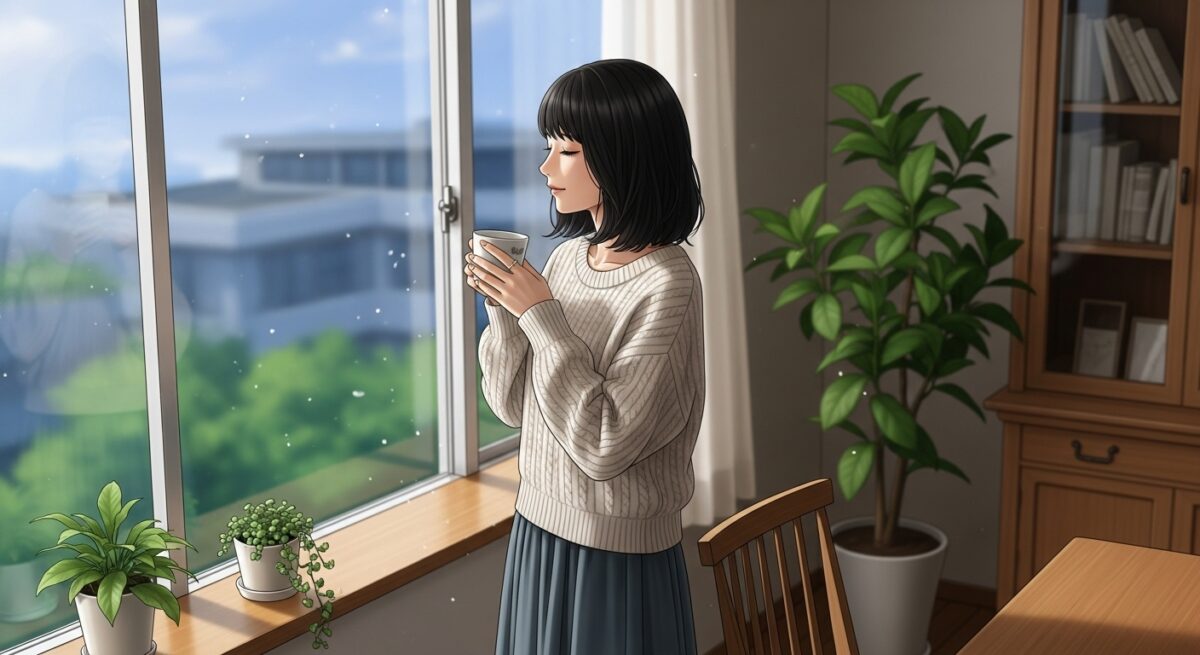 夕暮れの光に包まれながら窓辺で深呼吸する日本人女性の横顔。喧嘩別れを経て心を整え、自然な再接触へ踏み出す静かな決意を感じさせるイラスト