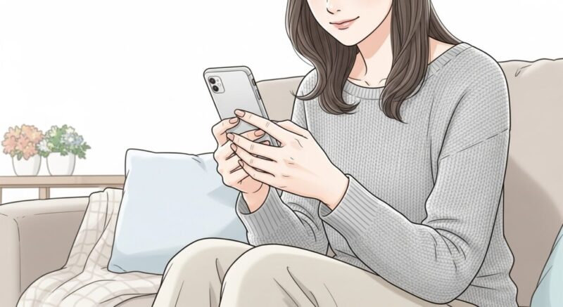 送信前の短い挨拶文を見つめ、静かに微笑む日本人女性。負担をかけない一言の力を象徴するイラスト。
