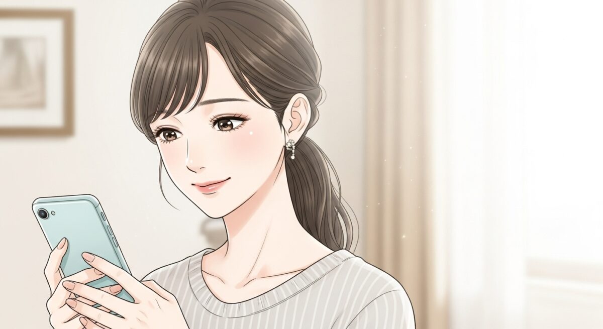 スマートフォンを手にSNSを見つめ、心の中で未来を想う20代後半の日本人女性。落ち着いた室内で、繊細で柔らかな雰囲気のイラスト。