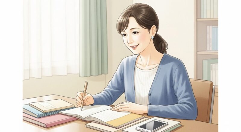 ノートや本を机に広げ、新しい趣味や学びに取り組む日本人女性。SNS投稿のために写真を撮ろうとするシーン。