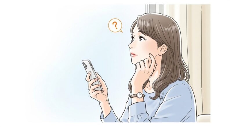 スマートフォンを手にしながら、投稿するかどうか迷っている日本人女性。窓辺で外を眺める姿。