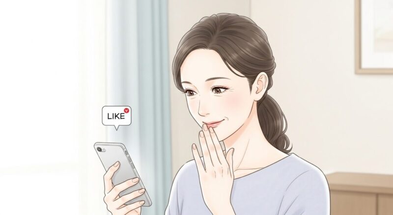 SNSの画面に映る「いいね」に気づき、静かに微笑む日本人女性。控えめで自然な演出。