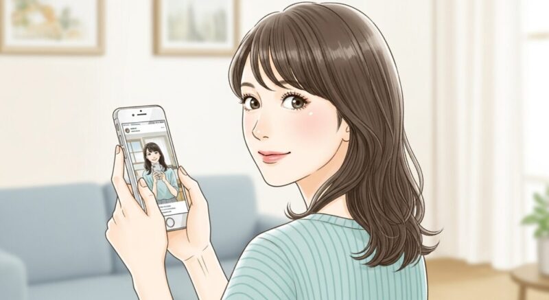 SNSに投稿した写真を見返しながら、自分の変化を感じている日本人女性。穏やかで前向きな表情。