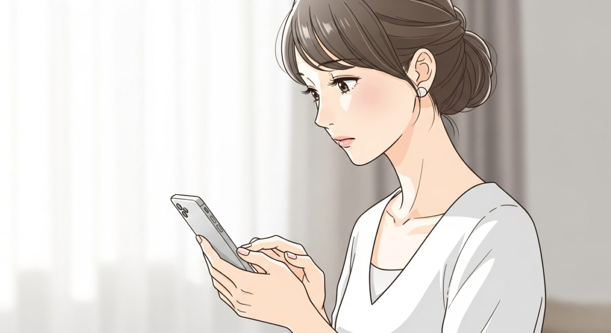 スマホを手にしながら悩む表情の日本人女性。復縁したい気持ちと迷いを抱えつつ、静かな部屋で短文LINEを打とうとする瞬間を切り取った落ち着いたイラスト。