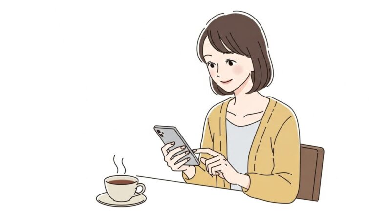 短文LINEの送信直前、やさしい笑みを浮かべる女性。冷却期間後の自然な一言や、共通の思い出を大切にする姿勢を表現。