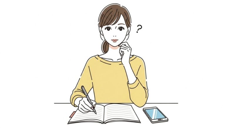 ノートやペンを手に、自分の体験や気持ちを整理しながら文章を書く日本人女性。読者に寄り添う姿勢を表現したイラスト。