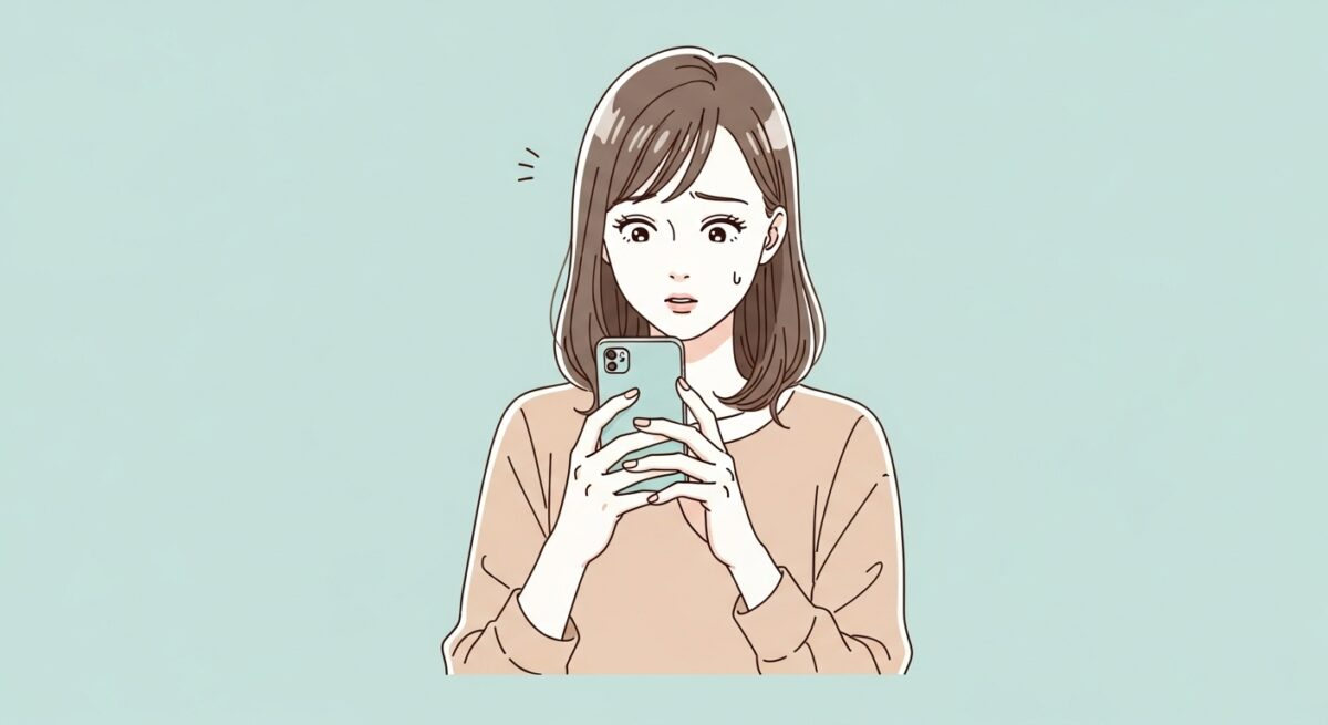 LINEをブロックされて悩む日本人女性の落ち着いた雰囲気のイラスト