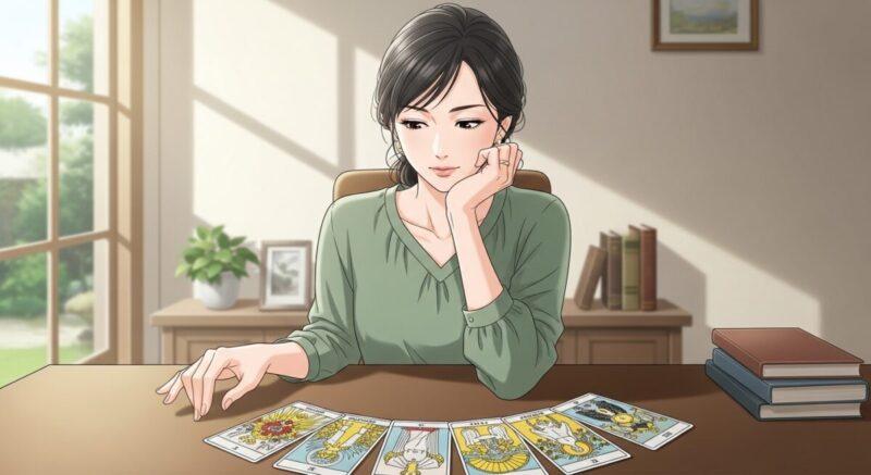 タロットカードを前にしてLINEブロックの状況を整理しようとする日本人女性のイラスト
