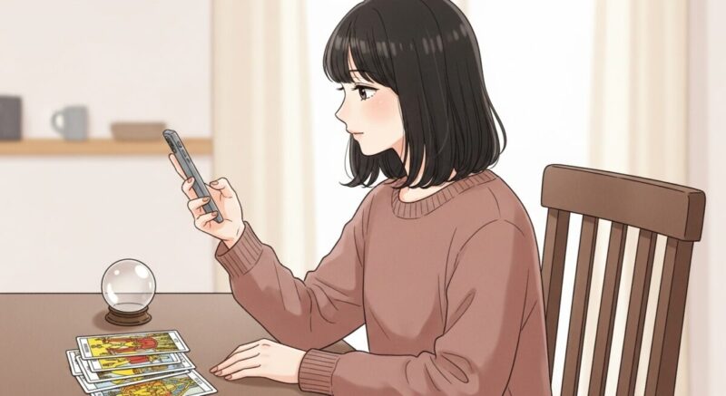 占術の道具を前にして、自分に合った方法を探す日本人女性のイラスト
