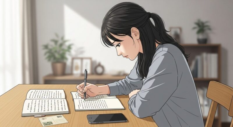 ノートを書きながら占い結果を整理する日本人女性のイラスト
