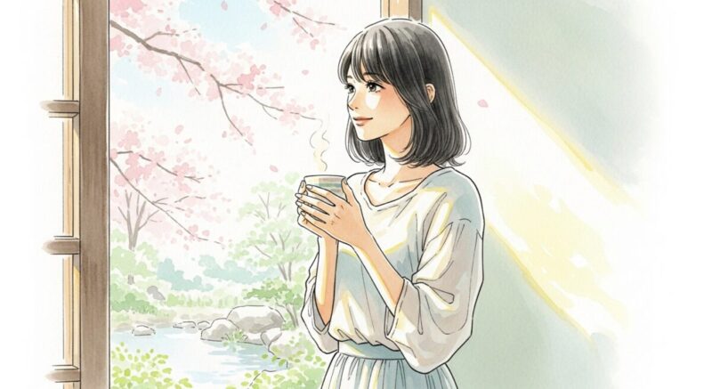 占いで心を整え、前向きな気持ちを取り戻した日本人女性のイラスト