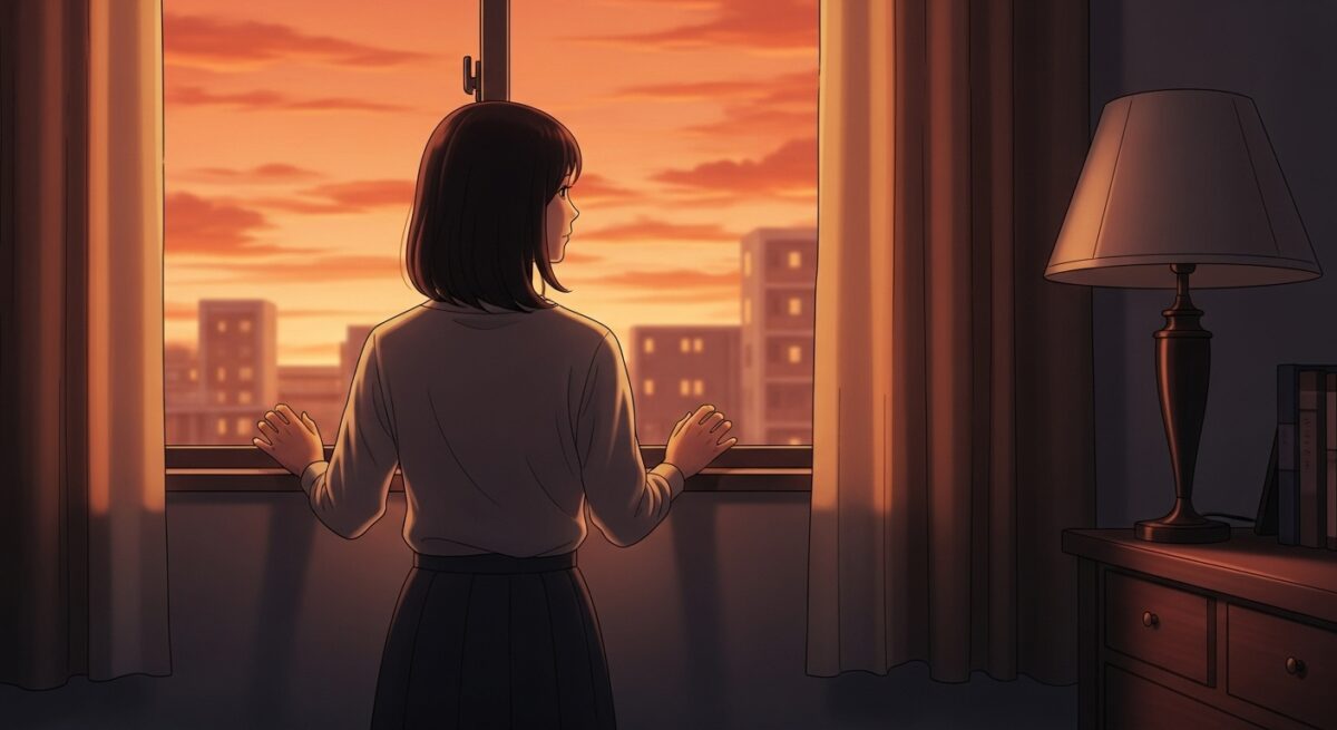 夕暮れの部屋で窓辺に立ち、未来を見つめる日本人女性の後ろ姿