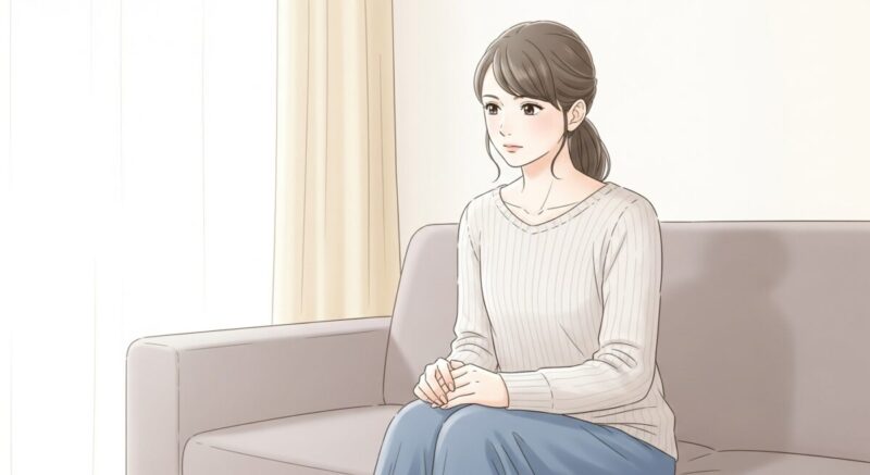 一人でソファに座り、静かに考え込む日本人女性