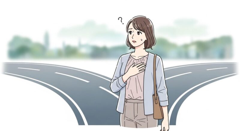 分かれ道に立ち、二つの道を見つめる日本人女性
