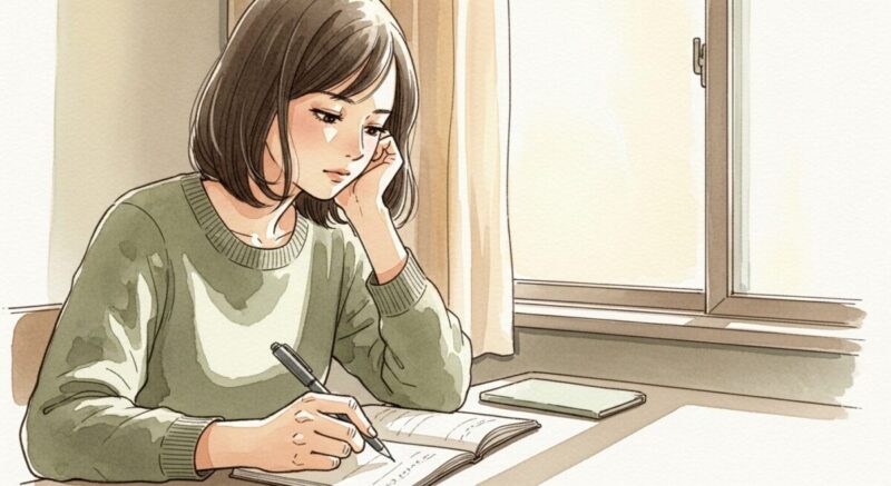 窓際でノートに向かい、自分を見つめ直す日本人女性