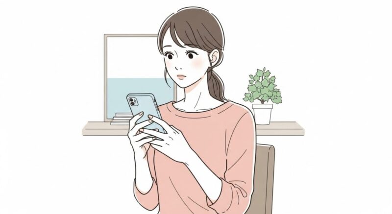 スマホを手に取り、LINEの送信をためらう日本人女性