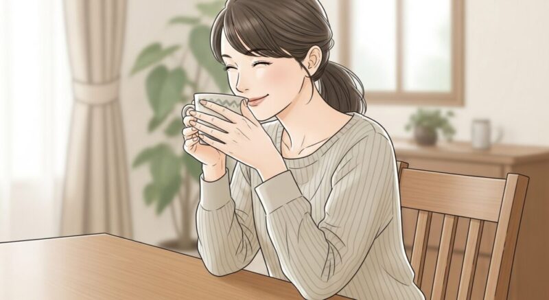 ダイニングでカップを手に、穏やかに笑う日本人女性