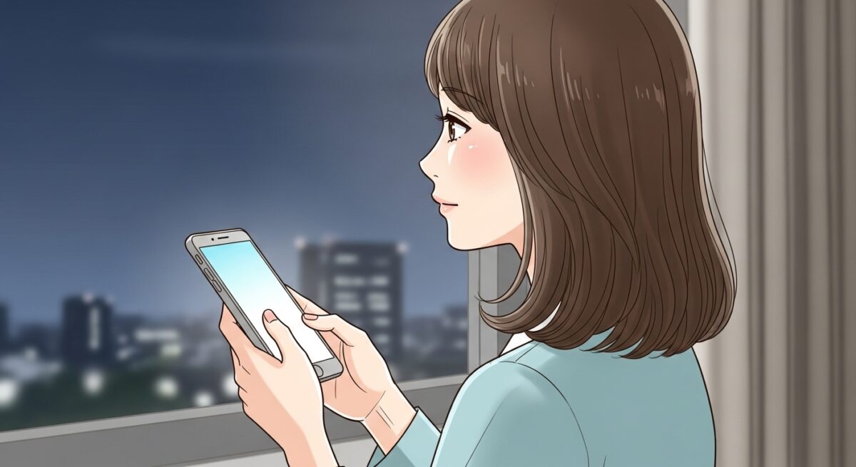 夜空の下で、スマホを見つめる日本人女性が遠くの街を思うように佇むイラスト。落ち着いた色彩で遠距離の切なさを表現。